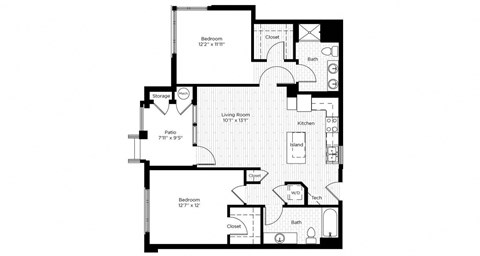 Floor plan for 2 beds, 2 baths, 968 sqft